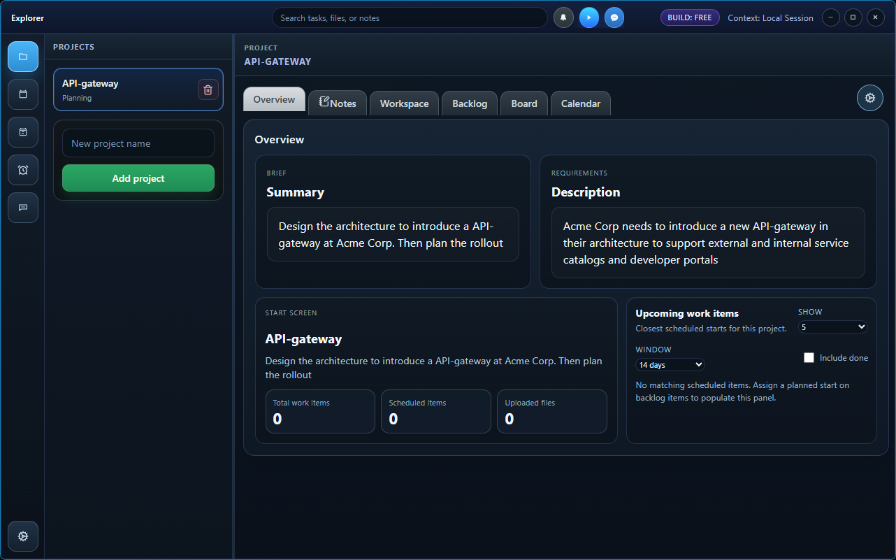 Fluxor app start screen showing a project overview with brief, requirements, and upcoming work items